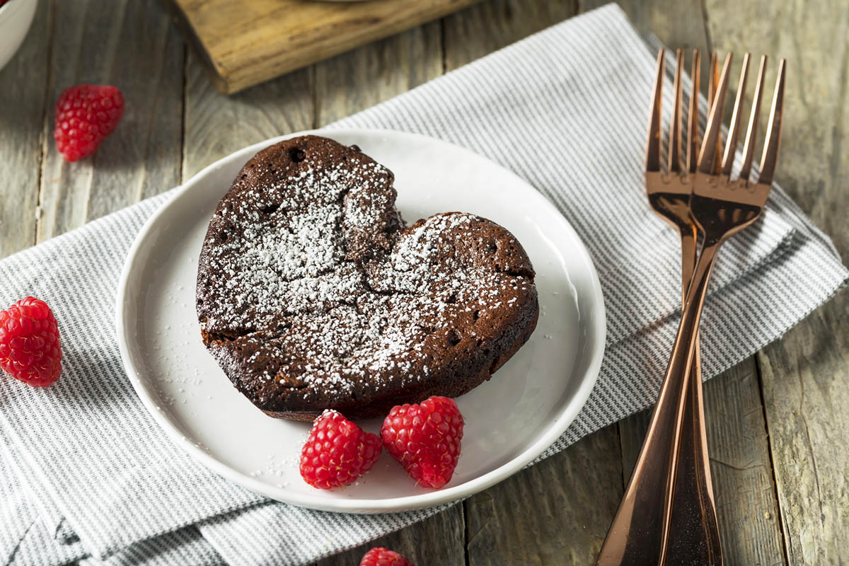 heart shaped chocolate dessert on a plate.