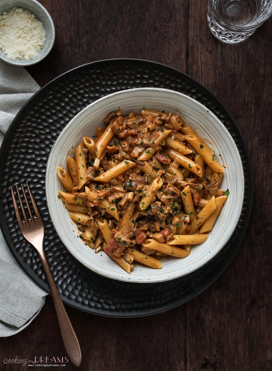 penne alla boscaiola in a plate